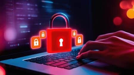 Cyber Security Concept With Glowing Red Padlock Laptop