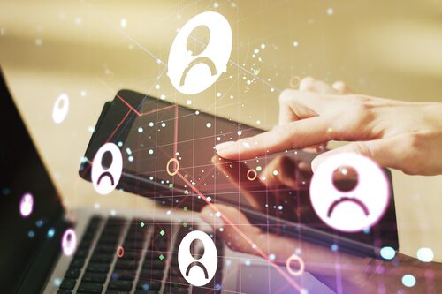 Double Exposure Social Network Icons Concept With Finger Clicks Digital Tablet Background Marketing Promotion Concept