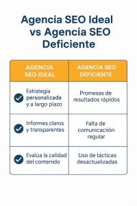 Comparativa visual entre una agencia de SEO ideal y una agencia deficiente